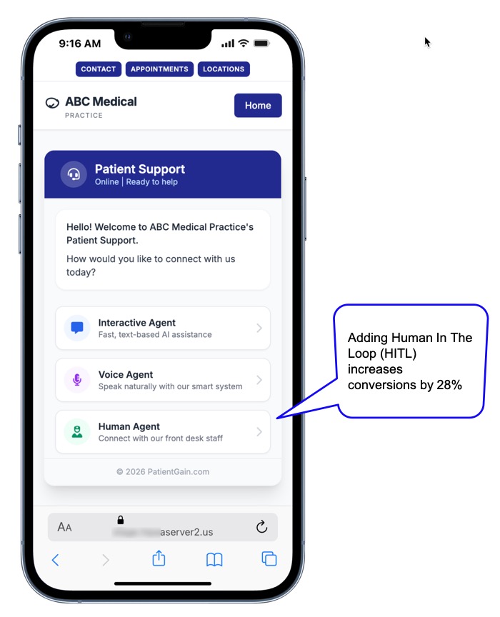 For example - in the follow AI Conversion App from PatientGain - When a patient (Either new or an existing patient), visit the website the PatientQuickConvert App offers 3 options : 1) AI Based Interactive Agent 2) AI Based Voice Agent 3) Human Agent - Like a real person This approach purposely introduces a natural real human person in the AI based PatientQuickConvert App. By introducing HITL, the conversion increase by 28%. For example - in the follow AI Conversion App from PatientGain - When a patient (Either new or an existing patient), visit the website the PatientQuickConvert App offers 3 options :
1) AI Based Interactive Agent
2) AI Based Voice Agent
3) Human Agent - Like a real person
This approach purposely introduces a natural real human person in the AI based PatientQuickConvert App. By introducing HITL, the conversion increase by 28%.