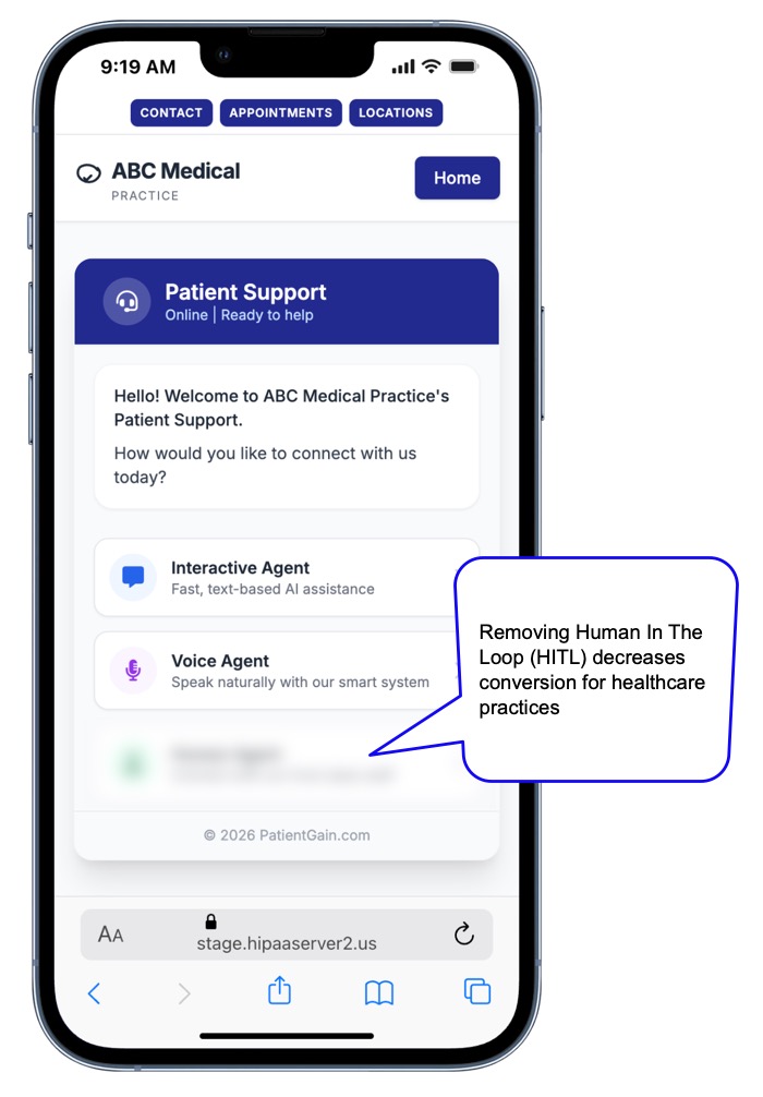 Example 2 - The same app - PatientQuickConvert App AI Conversion App from PatientGain -If there is no Human In The Loop (HITL) the conversions drop. Example 2 - The same app - PatientQuickConvert App AI Conversion App from PatientGain -If there is no Human In The Loop (HITL) the conversions drop.