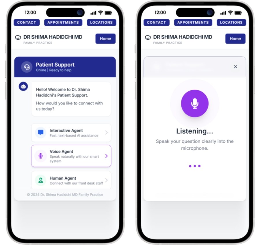 Example 2. AI Voice Agent - As patients visit your website (mobile or desktop) The Patient Support Voice agent is designed to interact with patients and help them get "booked" with your practice.