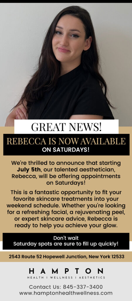Example of an announcement - "Rebecca is available on Saturdays" sent to all of your patients and clients by Email. With a CTA to book on Rebecca's calendar. Example of an announcement - "Rebecca is available on Saturdays" sent to all of your patients and clients by Email. With a CTA to book on Rebecca's calendar.