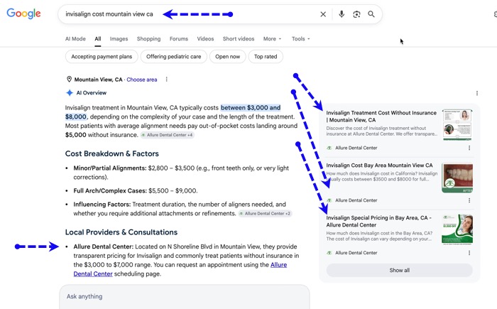 Example 1: Dental SEO for a dentist , with focus on Invisalign in Bay Area California If Google's SEO display's your website's page with "AI Overview" and if you are cited as a source: You earn prime real estate at the top of the search results. Cited brands generally experience a notable bump in clicks and conversions. This is the best outcome of AI based SEO. Even higher conversion rates than local map pack where Google displays 3 local dental practices. Example 1: Dental SEO for a dentist , with focus on Invisalign in Bay Area California
If Google's SEO display's your website's page with "AI Overview" and if you are cited as a source: You earn prime real estate at the top of the search results. Cited brands generally experience a notable bump in clicks and conversions. This is the best outcome of AI based SEO. Even higher conversion rates than local map pack where Google displays 3 local dental practices.