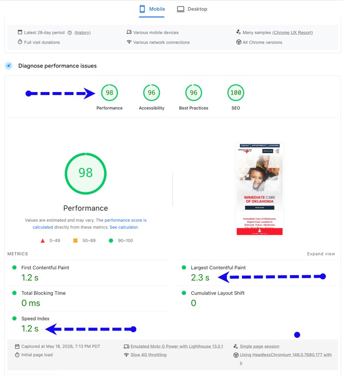 Example of a very fast loading Urgent Care website - Using PLATINUM service from PatientGain. The mobile website loads in 1.7 seconds (Average of 2.3 + 1.2 Seconds) , according to Google's Speed Test app. Example of a very fast loading Urgent Care website - Using PLATINUM service from PatientGain. The mobile website loads in 1.7 seconds (Average of 2.3 + 1.2 Seconds) , according to Google's Speed Test app.
