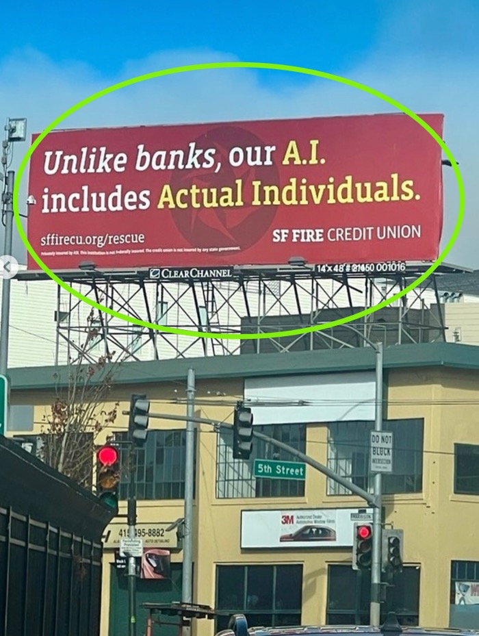 Example of a compelling billboard ad in San Francisco, California - This billboard gets a person's attention and is actually is helpful bridging the online/AI with human in the loop of customer service. Example of a compelling billboard ad in San Francisco, California - This billboard gets a person's attention and is actually is helpful bridging the online/AI with human in the loop of customer service.