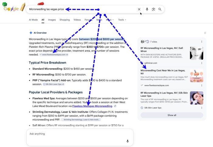 Example A: of a very good SEO for a Med Spa - A patient is looking for microneedling in a certain city. You can see AI overview is recommending a certain medspa, in three spots. Example A: of a very good SEO for a Med Spa - A patient is looking for microneedling in a certain city. You can see AI overview is recommending a certain medspa, in three spots.