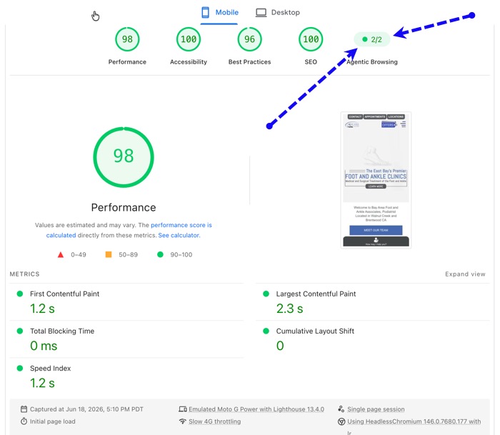 As of 2026, Google's speed test is also now checks for agentic browsing scoring.  

As an example:  This healthcare website is using PatientGain's PLATINUM service. Agenetic Browsing Score should be Green.