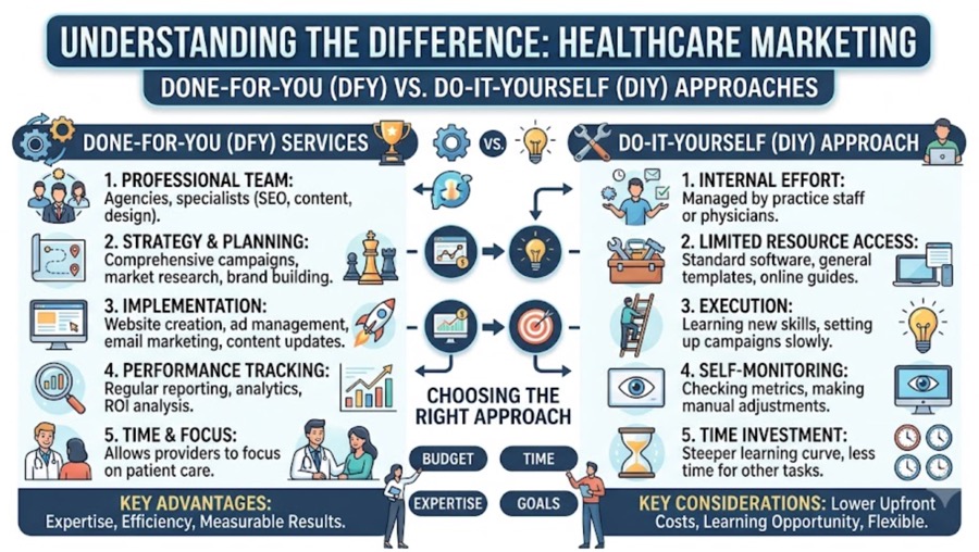 What is a Done-For-You (DFY) Healthcare Marketing?

Done-For-You (DFY) healthcare marketing is a fully outsourced service model where a specialized agency or platform takes 100% of the marketing workload off the medical practice’s plate. Instead of the doctor or office manager trying to write blog posts, figure out Google Ads, or update website code between patient appointments, the DFY provider for healthcare marketing handles the strategy, execution, and optimization from start to finish.